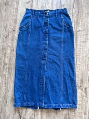Vintage Classic High-Waist Blue Denim Midi Skirt modest prairie cottagecore